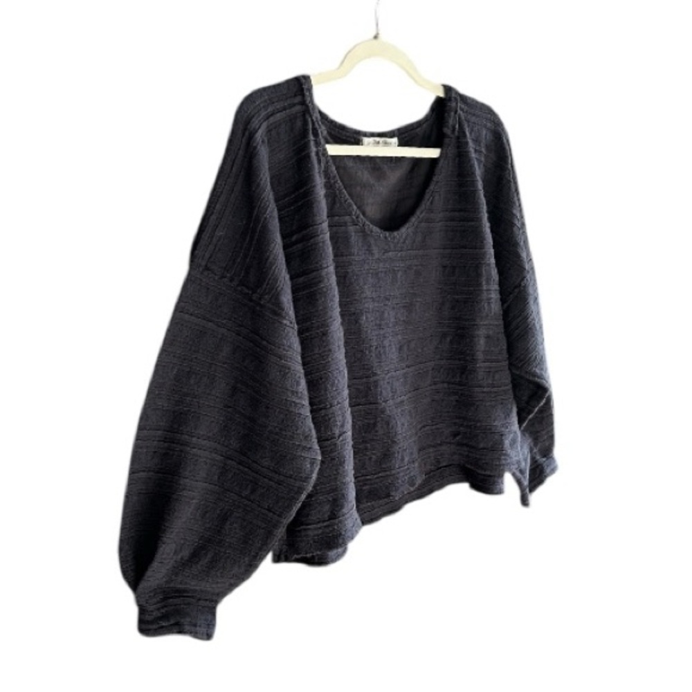 FREE PEOPLE WE THE FREE Textured Knit Blouson Sleeve Slouchy Top‎ Black L - Picture 2 of 10